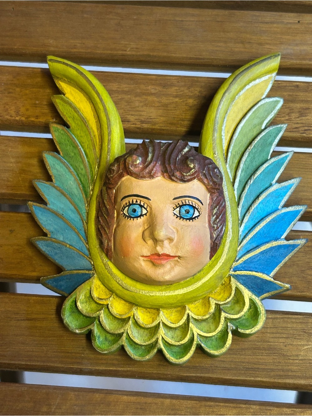 Vintage Artecampo Bolivia Hand Carved Wood Angel/Cherub Folk Art Signed